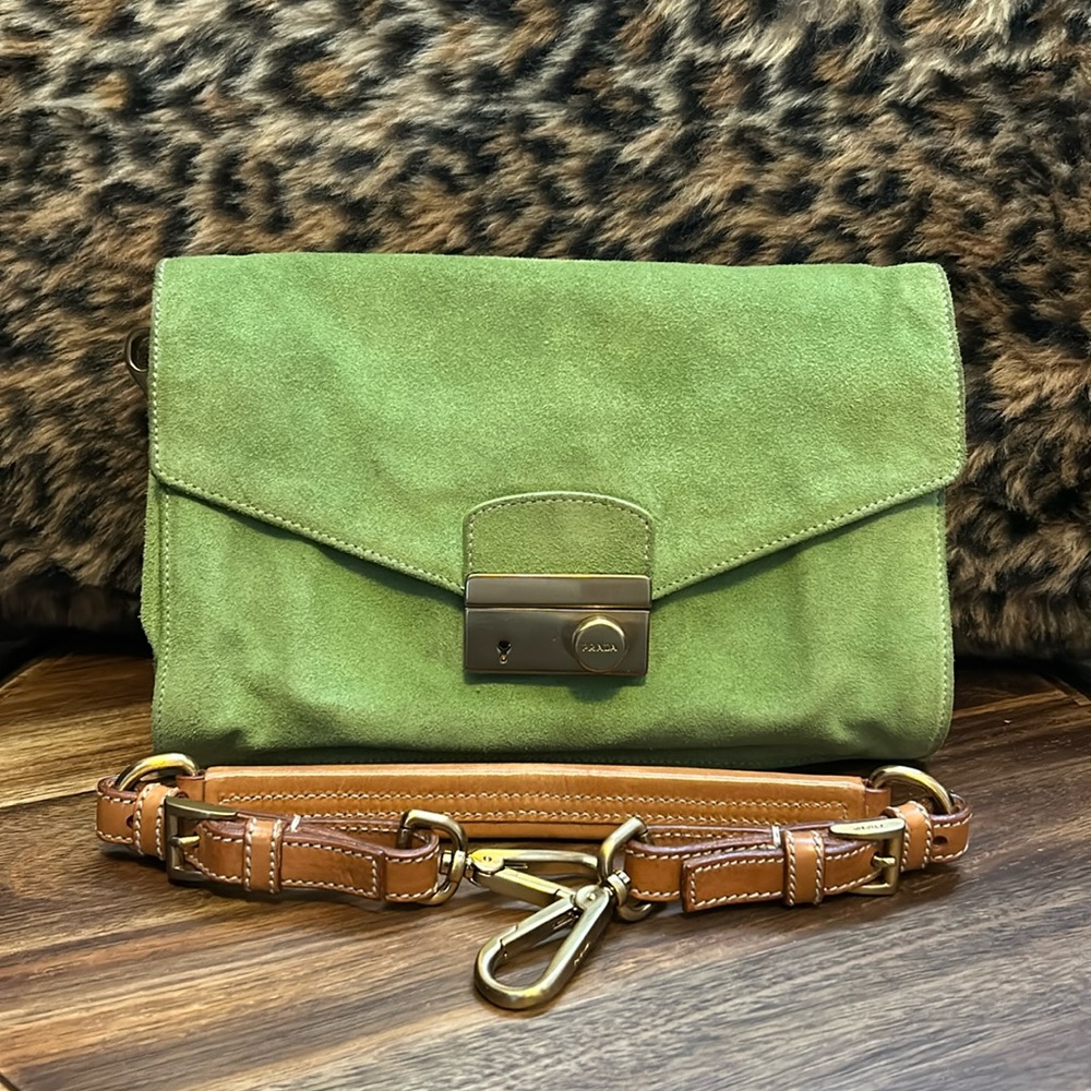 Prada Suede Shoulder Bag Clutch with Detachable Strap